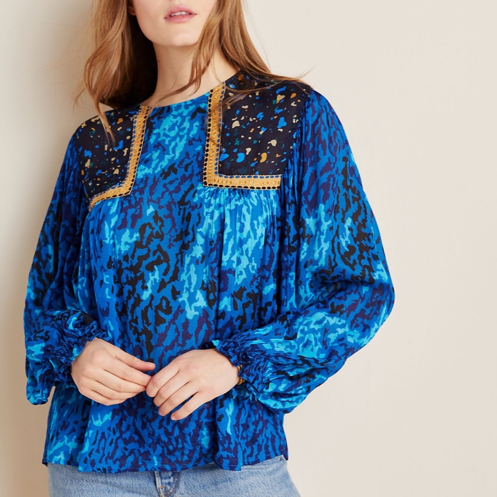 Anthropologie Miranda Peasant Blouse Blue Size Small NWT